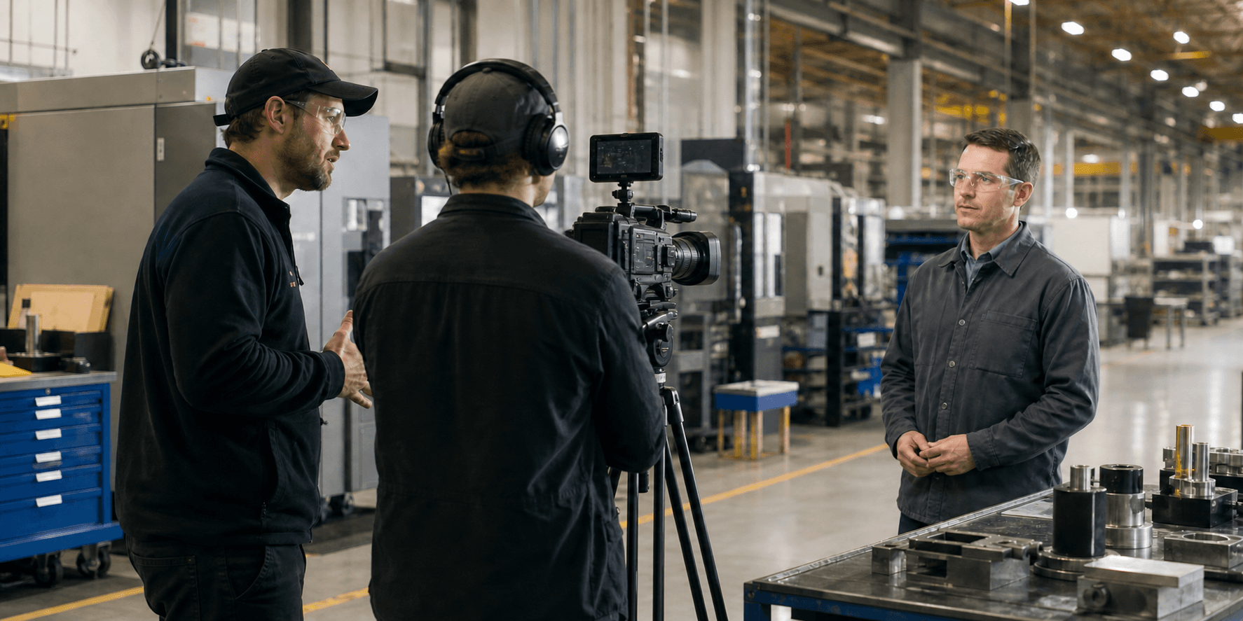 A professional video crew filming inside a manufacturing facility