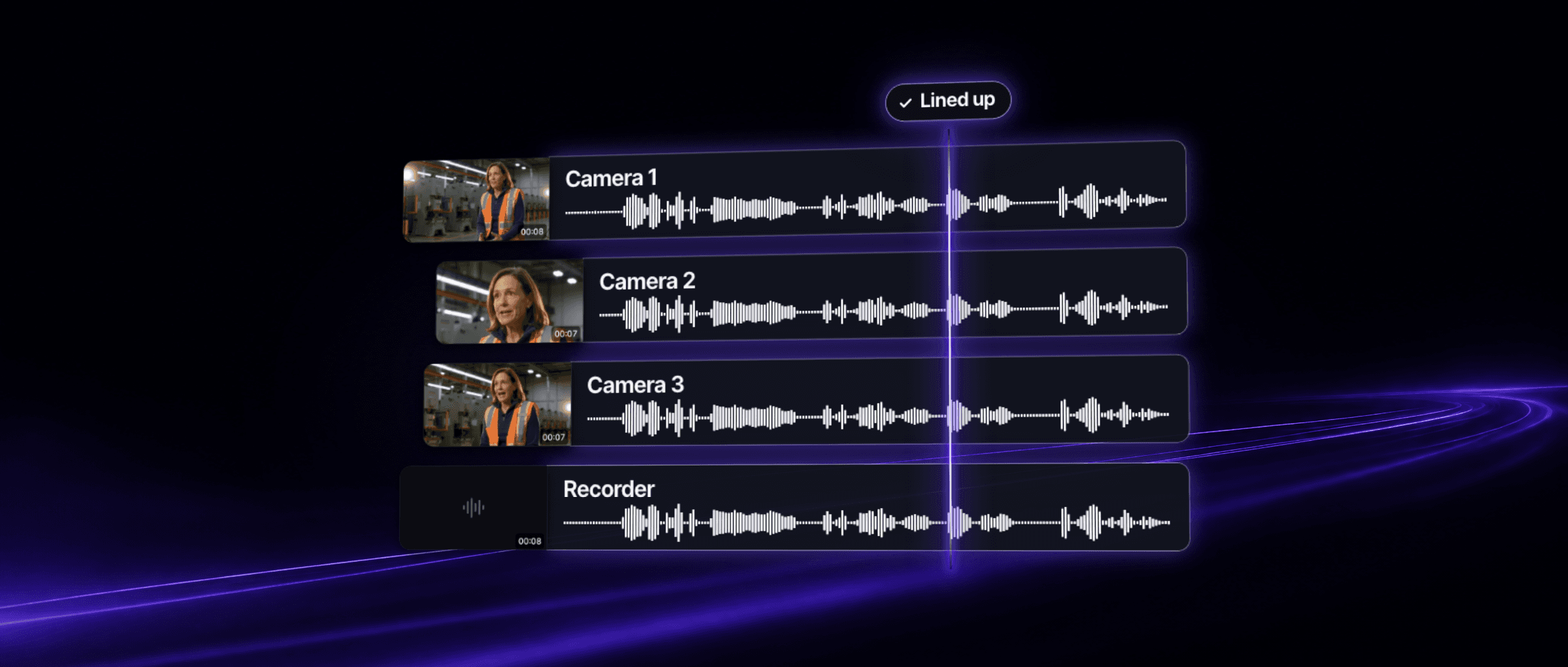 Four files from one interview, three cameras and a recorder, coming together into one stack