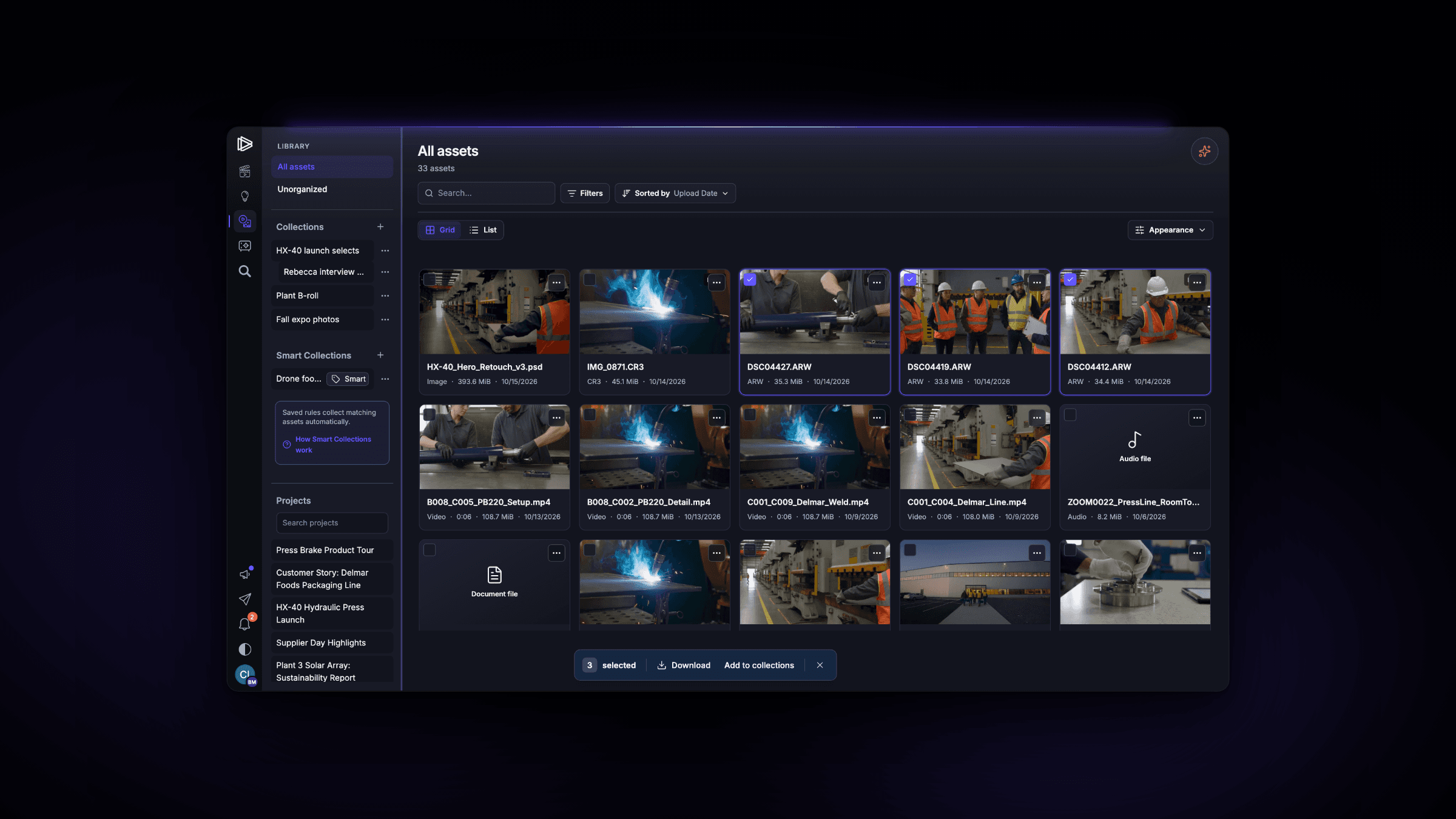 The Vidloft asset library, with Collections in the sidebar and three RAW photos selected in a grid of photos and clips
