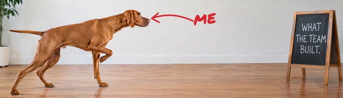 A Vizsla in a classic hunting point, aimed across the room at a sign that reads What the team built