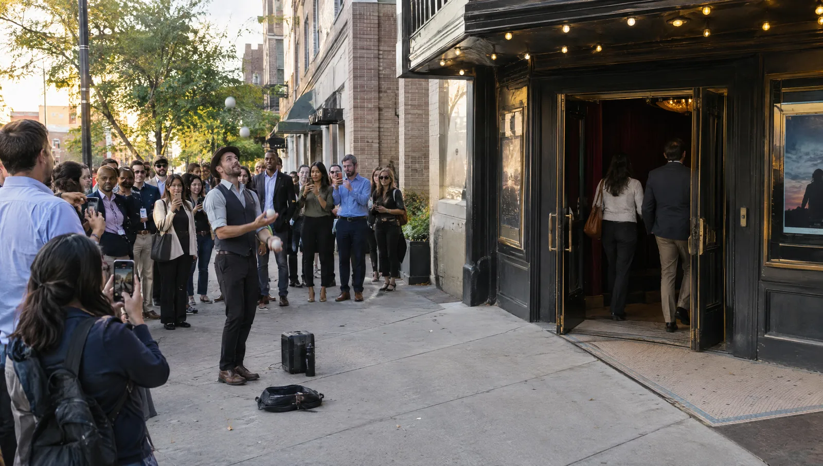 A big crowd films a street juggler on their phones while next door only two people walk into a small movie theater