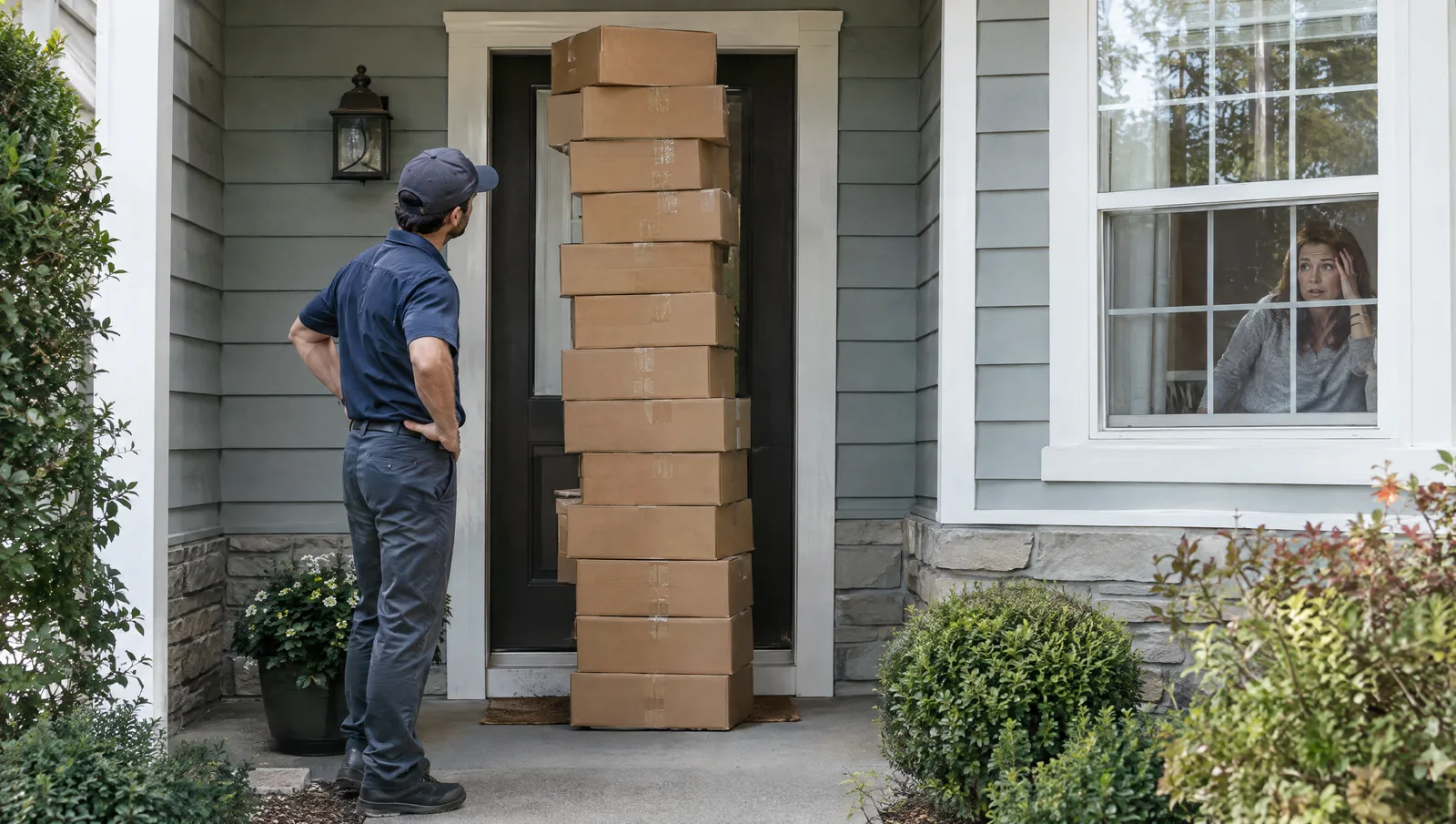 A delivery driver has stacked fourteen identical boxes against a front door while the homeowner peeks out a side window