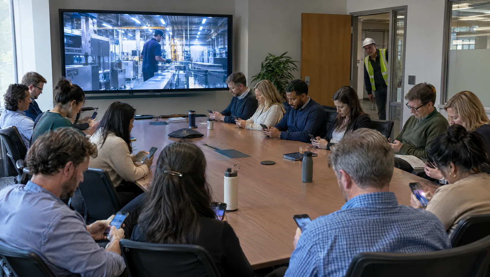 An all-hands where staff stare at phones as a brand film plays, while a plant manager in a hard hat peers in from the doorway