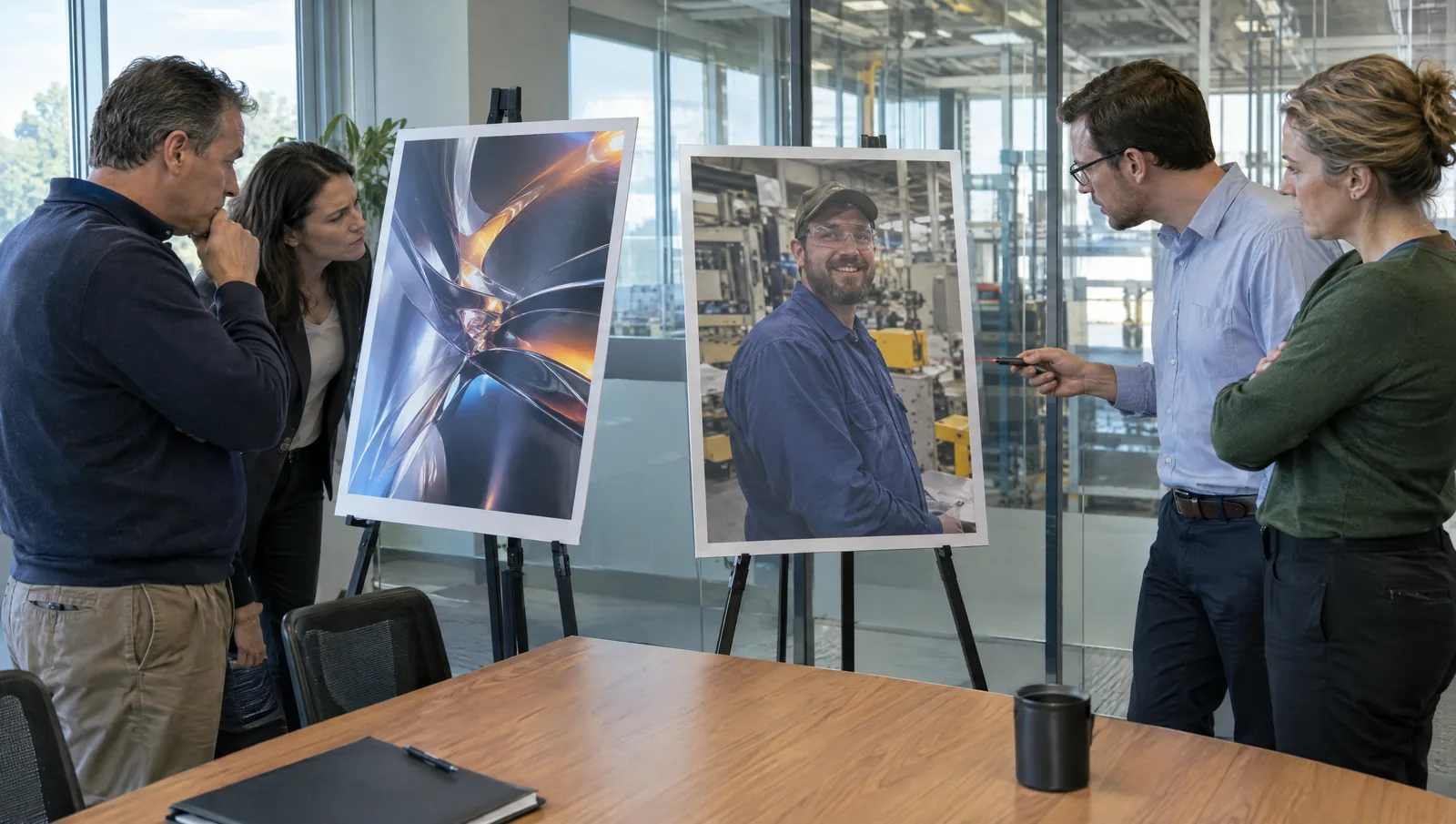 Executives in a glass meeting room debate two prints on easels: a glossy abstract render and a candid photo of a smiling operator