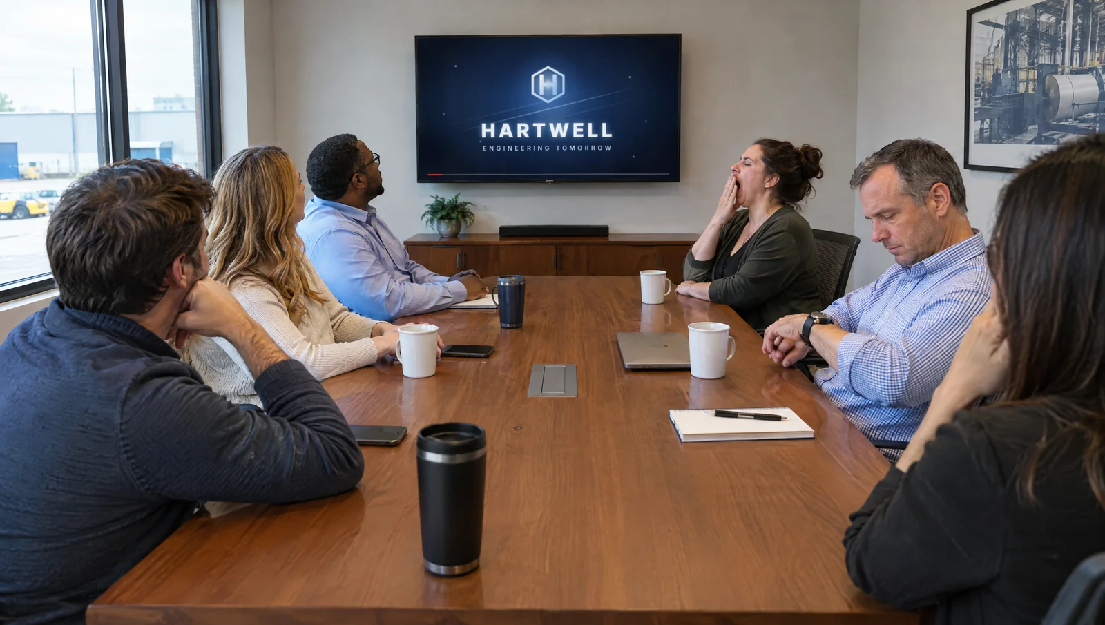 Six marketers watch a corporate logo animation on a conference room TV, one yawning and one checking a watch