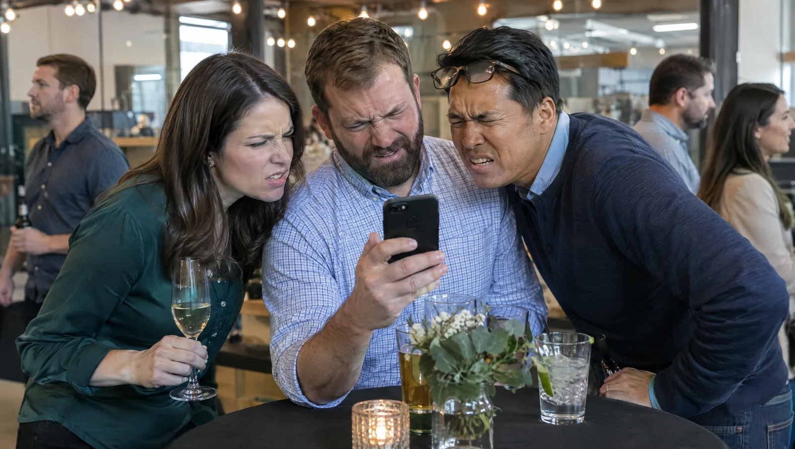 Coworkers at an office happy hour squint hard at one person's phone