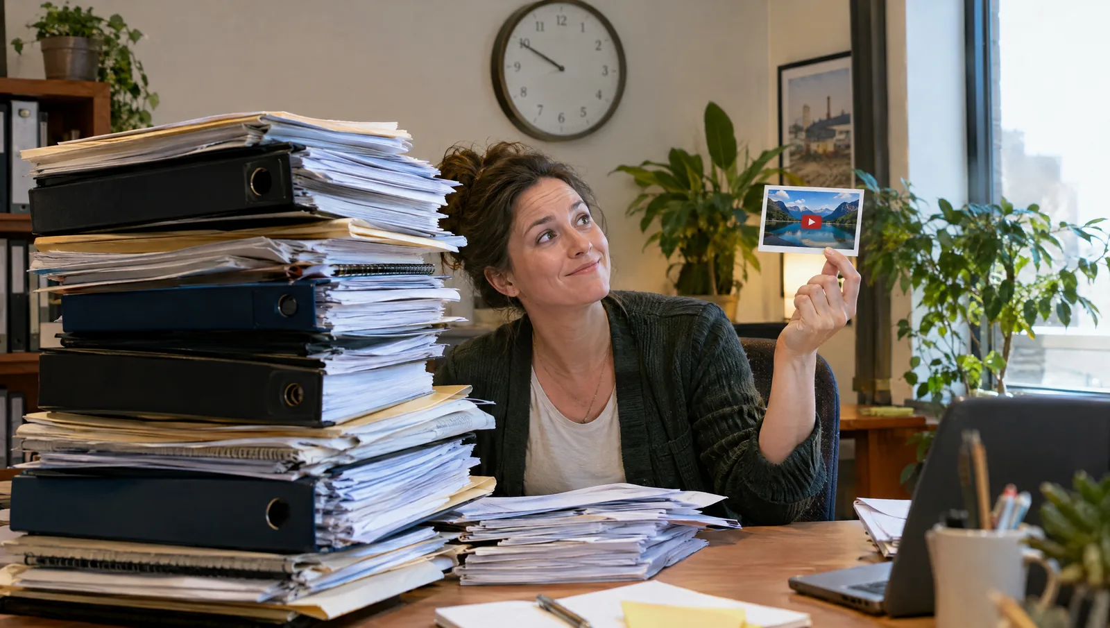 A marketing manager buried under a tower of approval binders hopefully holds up one tiny printed thumbnail